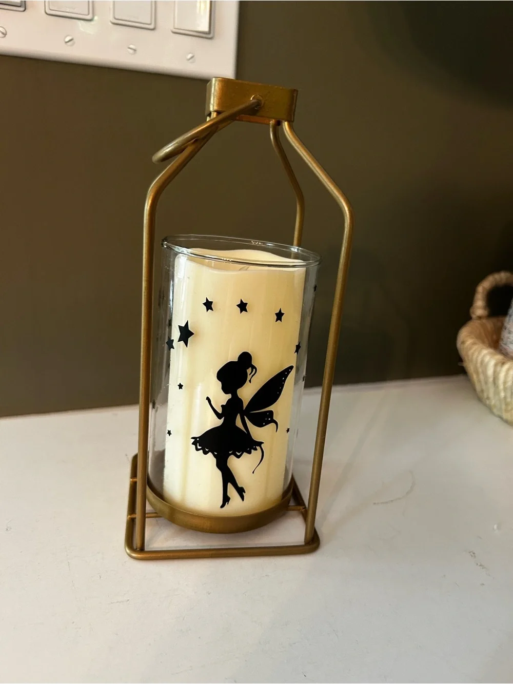 Gold Metal Lantern with Fairy Candle - Cream battery operated Candle